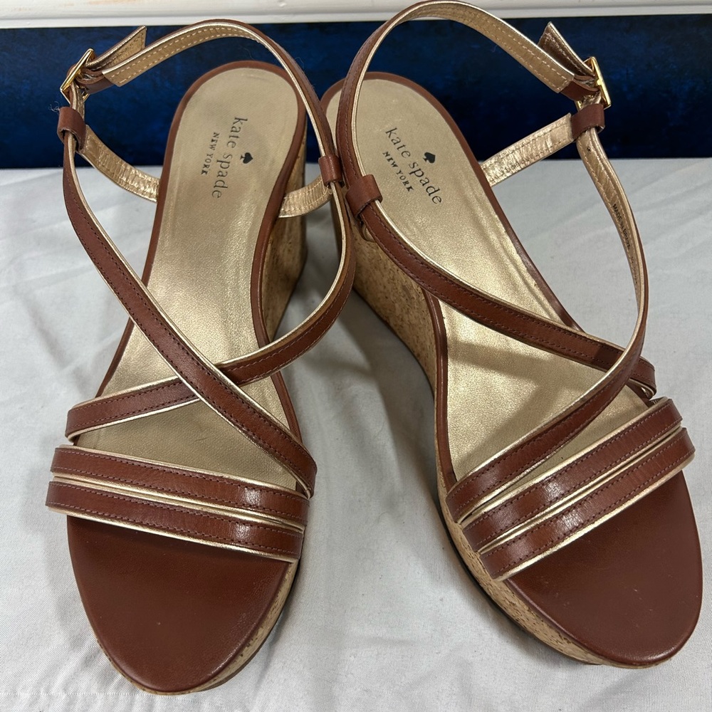 Kate Spade Platform Cork Wedge Sandals 10.5 Chestnut brown Gold Strappy